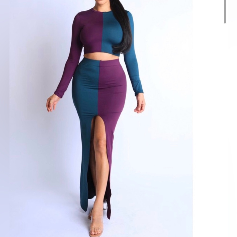 Women’s Front Slit Colorblock Long Sleeve Maxi Skirt Set